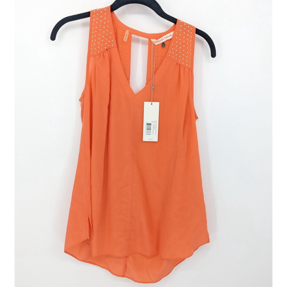 Rebecca Taylor Blouse Womens 2‎ Orange Silk Embellished Sleeve Tank Top Office